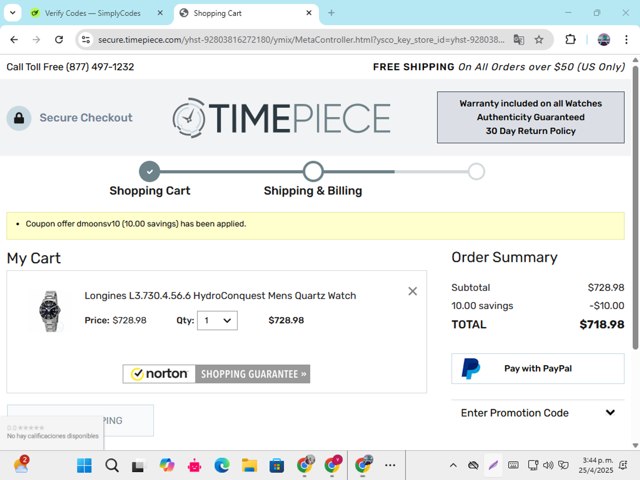 Timepiece.com checkout page showing Timepiece.com promo code box | Screenshot taken by SimplyCodes community member on Apr 25, 2025