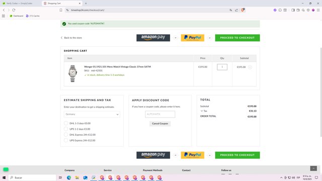 Timeshop24 checkout page showing Timeshop24 coupon code box | Screenshot taken by SimplyCodes community member on Aug 10, 2025