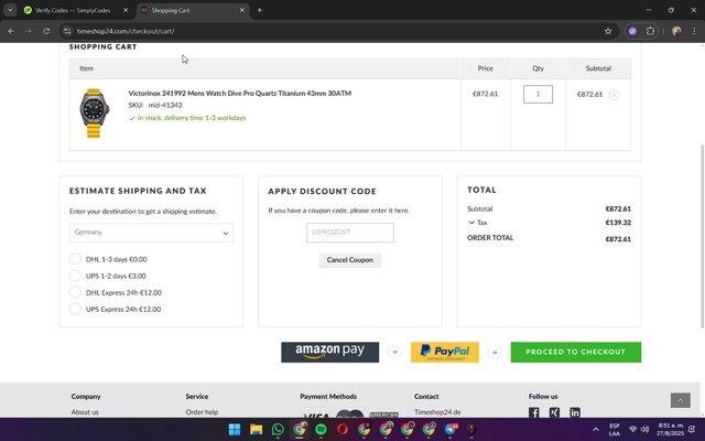 Timeshop24 checkout page showing Timeshop24 coupon code box | Screenshot taken by SimplyCodes community member on Aug 27, 2025