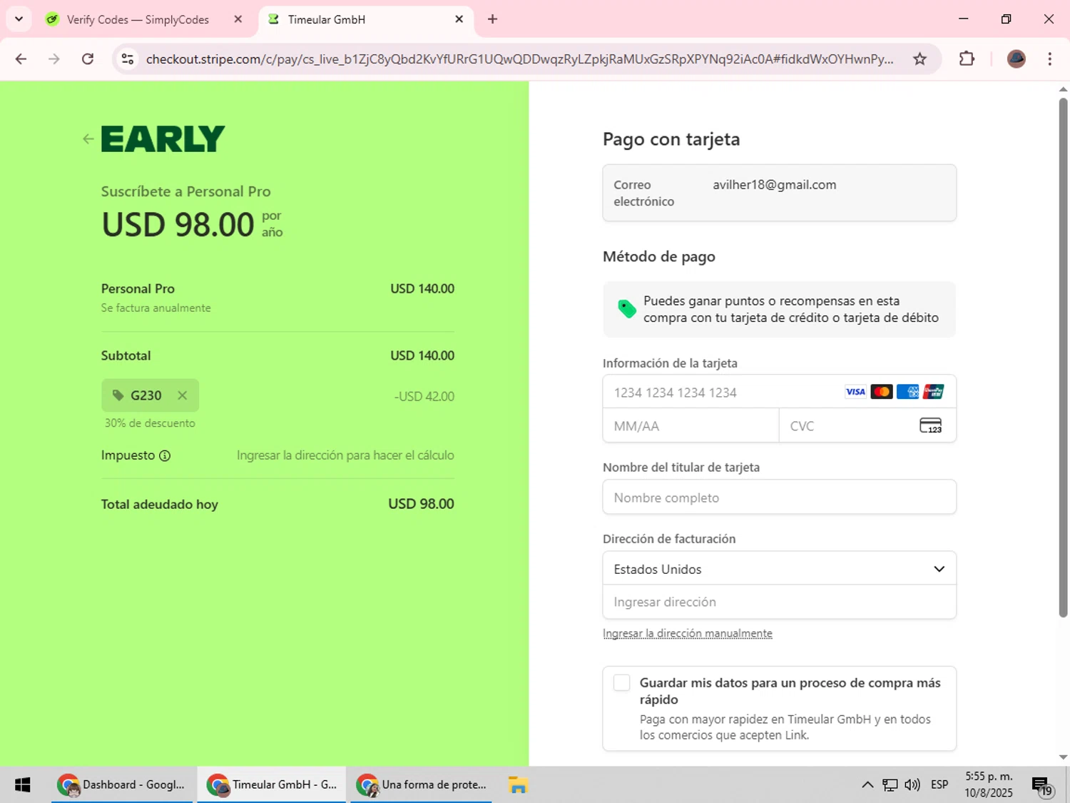 Timeular promo code screenshot showing code G230 applied at Timeular checkout page. Uploaded by SimplyCodes community member Rowan18 on Aug 10, 2025