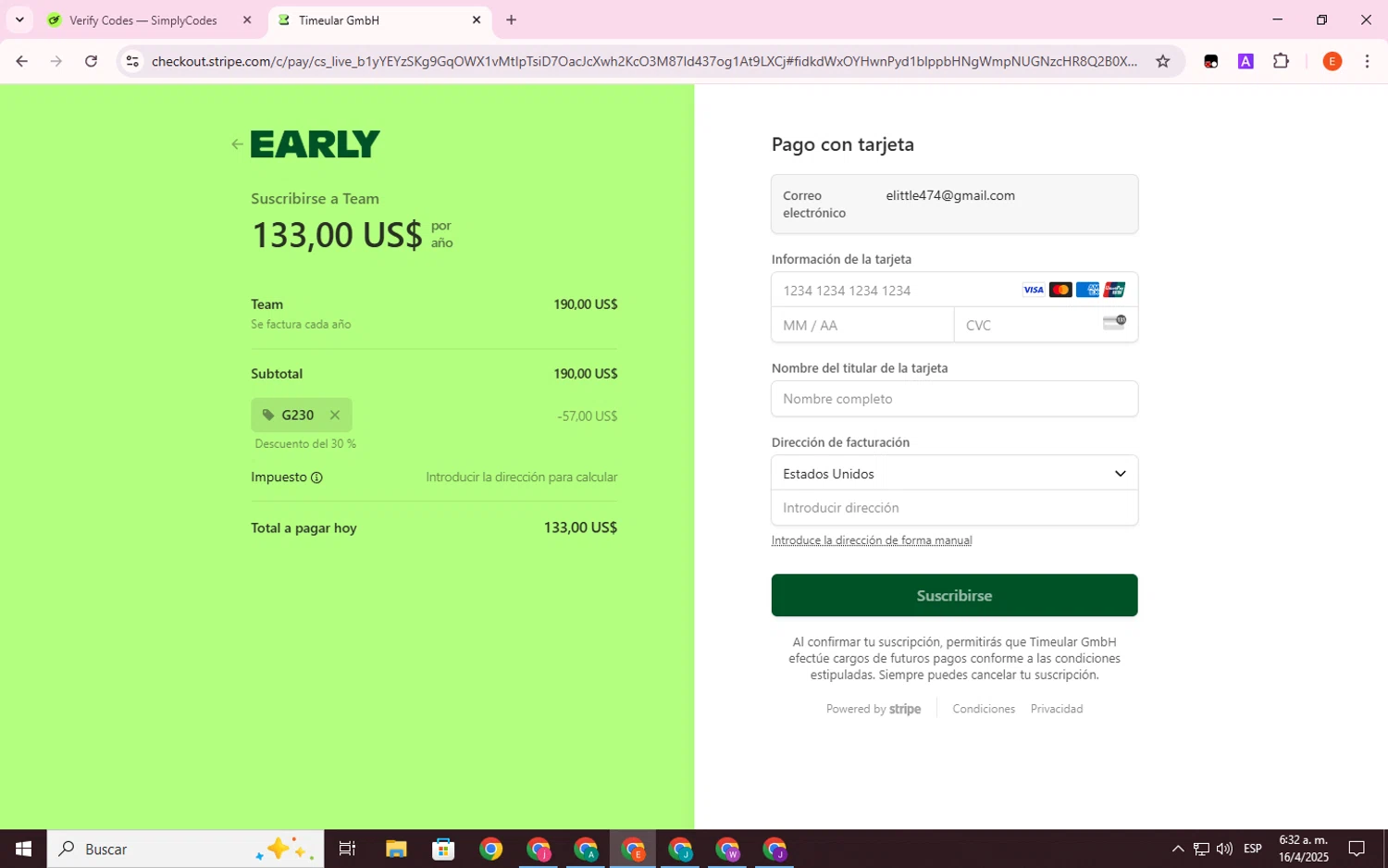 Timeular promo code screenshot showing code G230 applied at Timeular checkout page. Uploaded by SimplyCodes community member BrilliantSage8401 on Apr 16, 2025