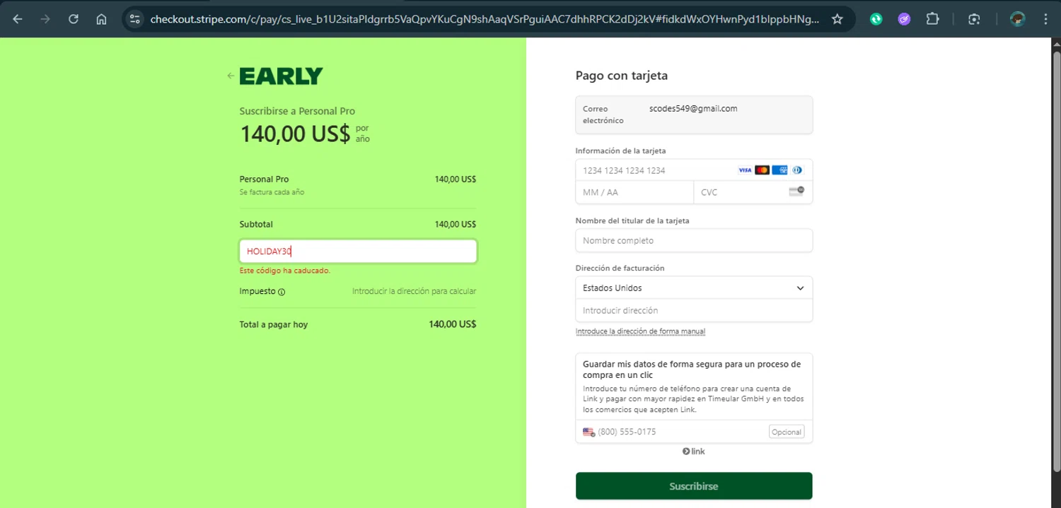 Timeular promo code screenshot showing code HOLIDAY30 applied at Timeular checkout page. Uploaded by SimplyCodes community member xAngel on Apr 4, 2025