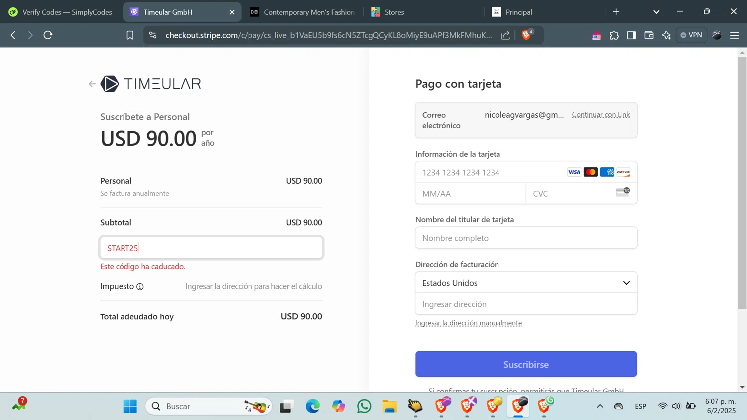 Timeular promo code screenshot showing code START25 applied at Timeular checkout page. Uploaded by SimplyCodes community member QuestFinder8736 on Feb 6, 2025