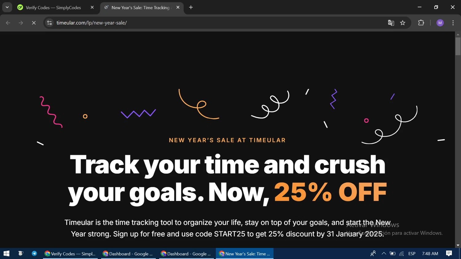 Timeular promo code screenshot showing code START25 applied at Timeular checkout page. Uploaded by SimplyCodes community member CodeLegend9632 on Feb 7, 2025