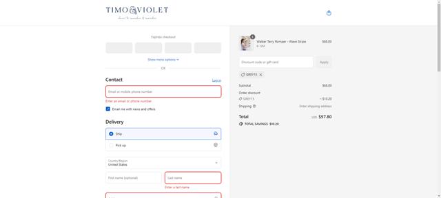 Timo & Violet checkout page showing Timo & Violet promo code box | Screenshot taken by SimplyCodes community member on Sep 8, 2025