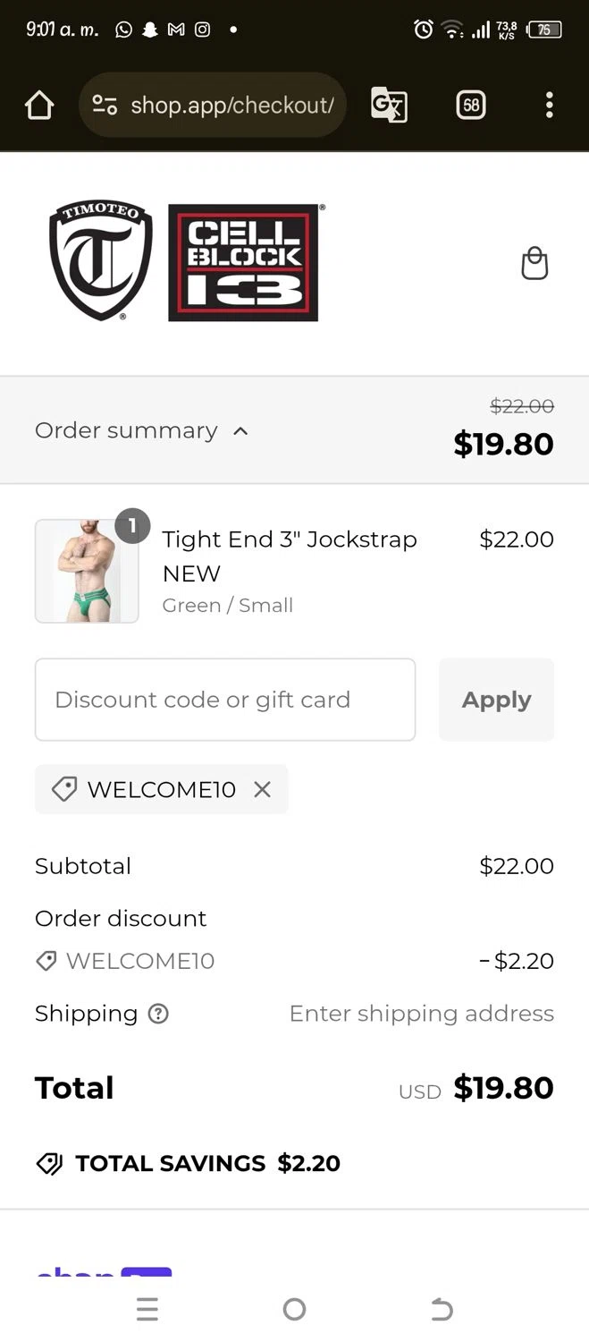 Timoteo promo code screenshot showing code WELCOME10 applied at Timoteo checkout page. Uploaded by SimplyCodes community member Pipina on Jan 13, 2025