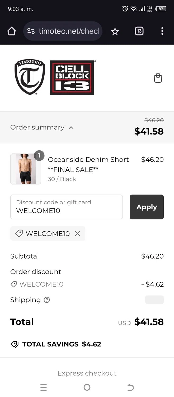 Timoteo promo code screenshot showing code WELCOME10 applied at Timoteo checkout page. Uploaded by SimplyCodes community member jorgeston on Jan 13, 2025