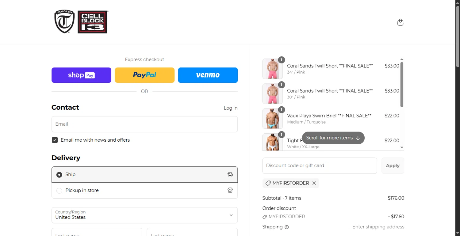 Timoteo promo code screenshot showing code MYFIRSTORDER applied at Timoteo checkout page. Uploaded by SimplyCodes community member CodeTitan6120 on Jun 20, 2025