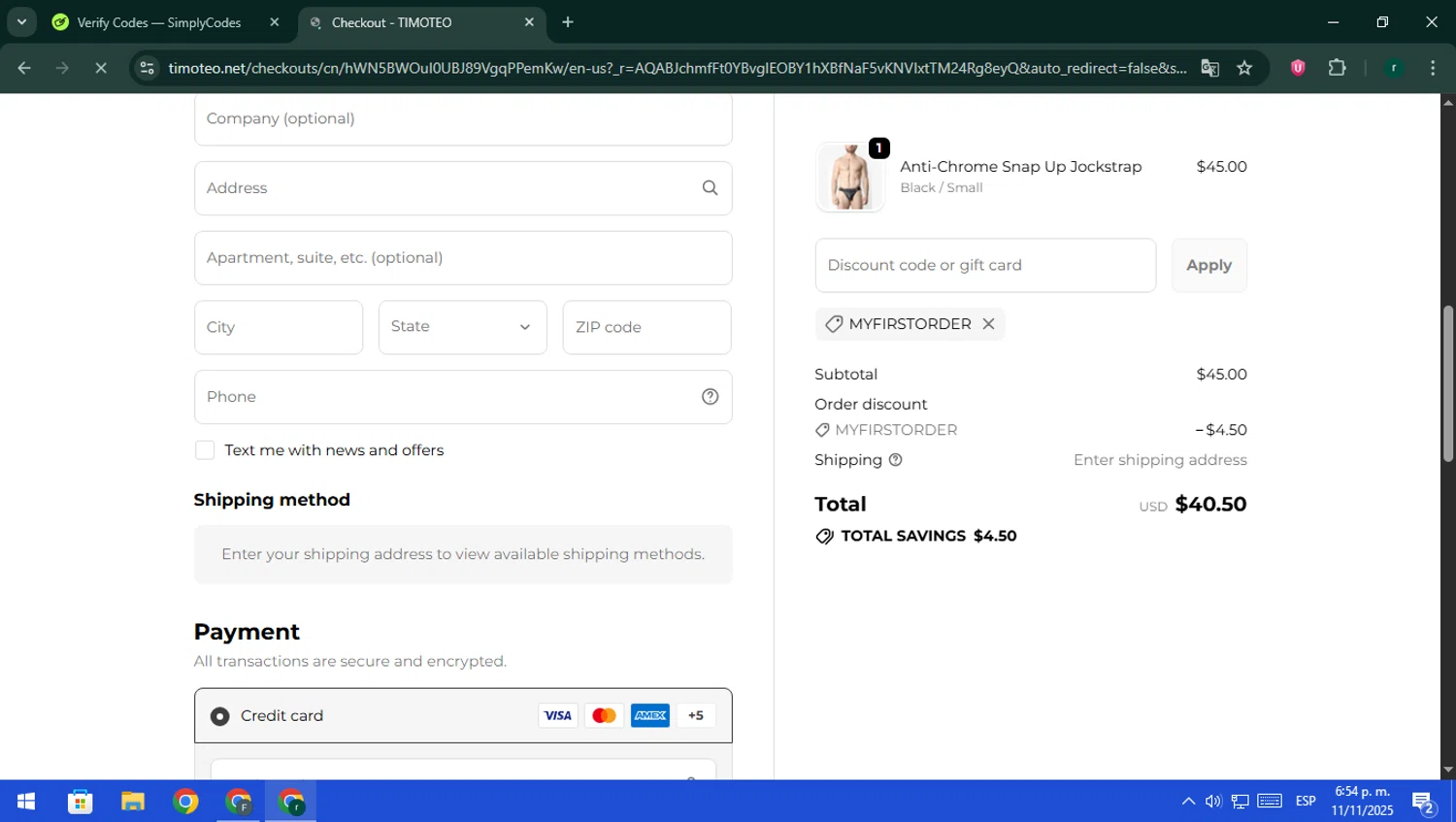 Timoteo promo code screenshot showing code MYFIRSTORDER applied at Timoteo checkout page. Uploaded by SimplyCodes community member rodri1 on Nov 11, 2025