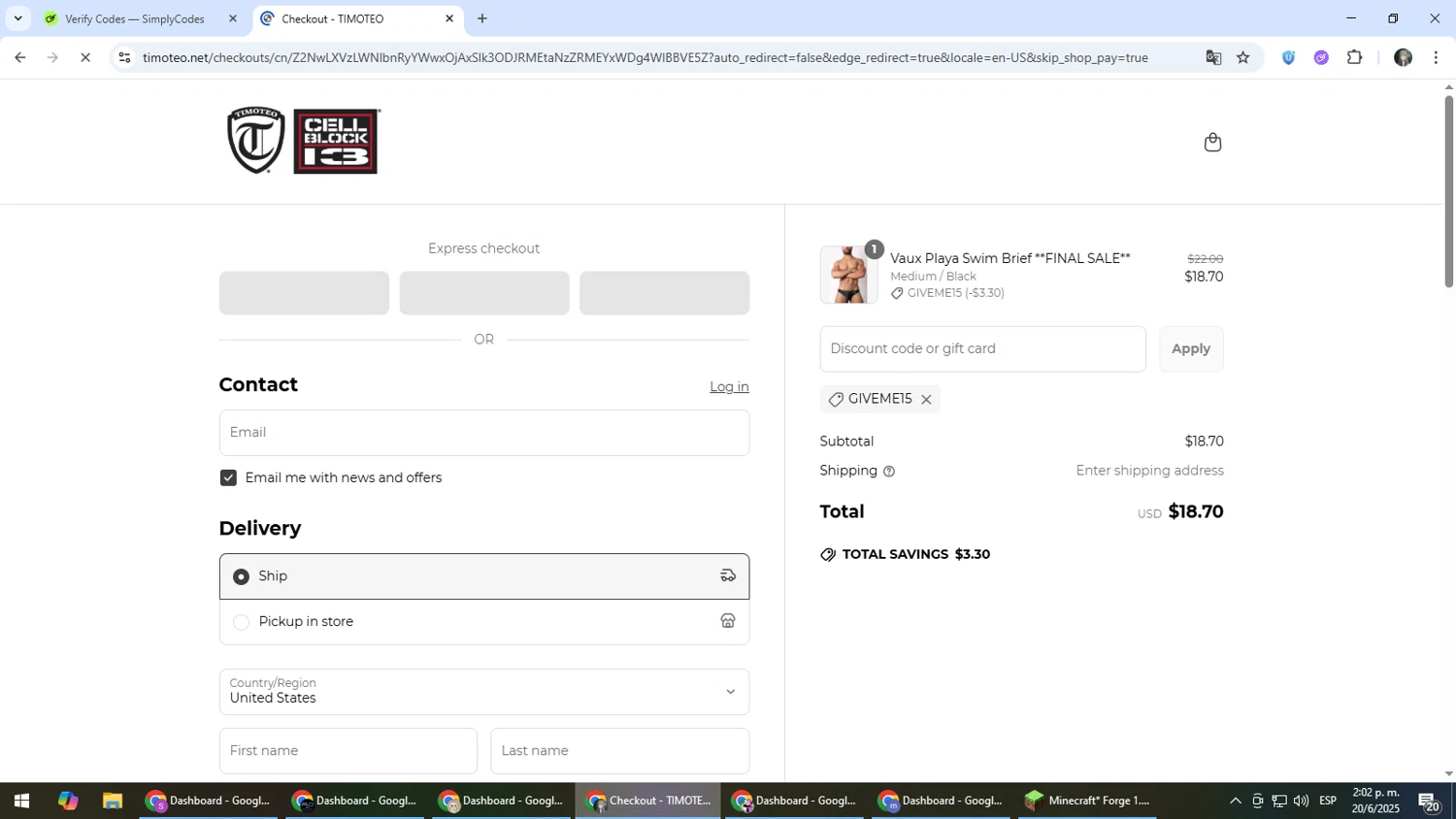 Timoteo promo code screenshot showing code GIVEME15 applied at Timoteo checkout page. Uploaded by SimplyCodes community member CleverLynx6871 on Jun 20, 2025