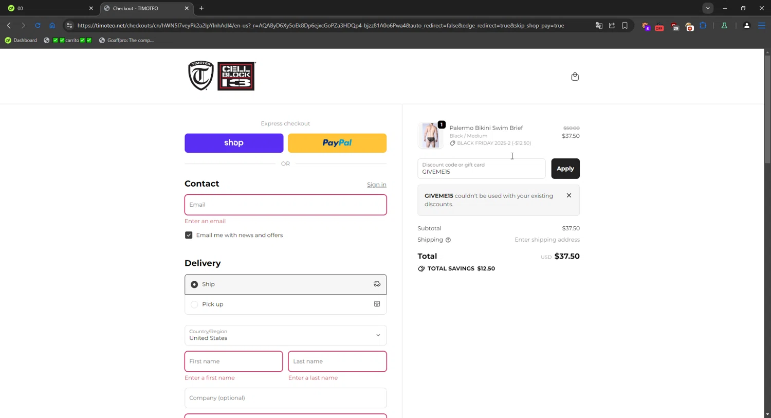 Timoteo promo code screenshot showing code GIVEME15 applied at Timoteo checkout page. Uploaded by SimplyCodes community member Mriko_Kien_lo_lea on Nov 27, 2025