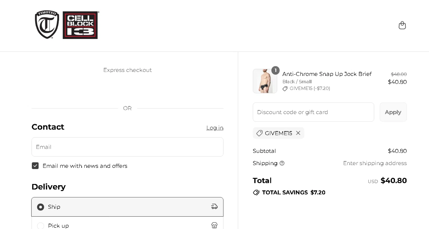 Timoteo promo code screenshot showing code GIVEME15 applied at Timoteo checkout page. Uploaded by SimplyCodes community member pkwhite on Aug 24, 2025