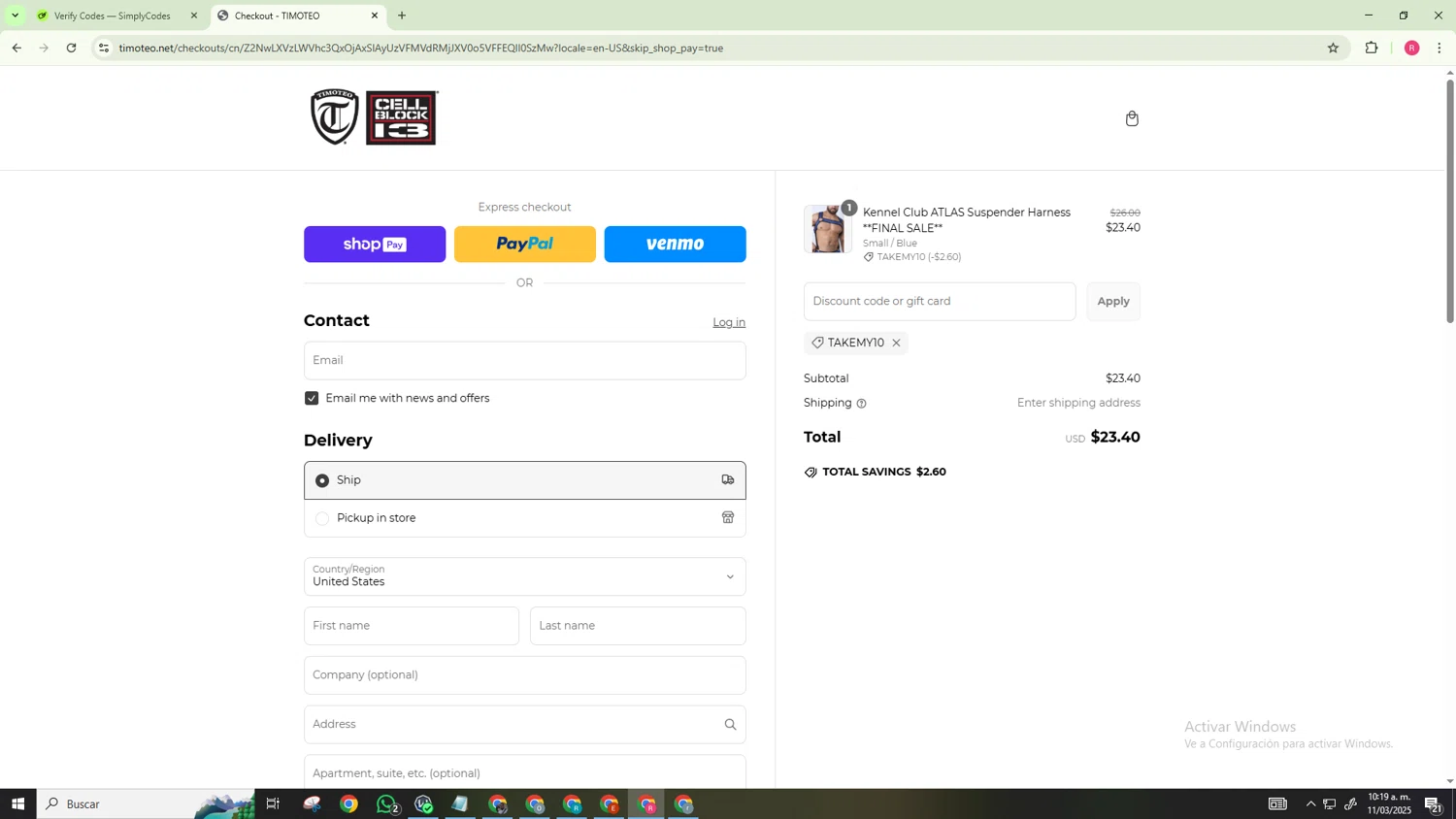 Timoteo promo code screenshot showing code TAKEMY10 applied at Timoteo checkout page. Uploaded by SimplyCodes community member NobleExpert518 on Mar 11, 2025