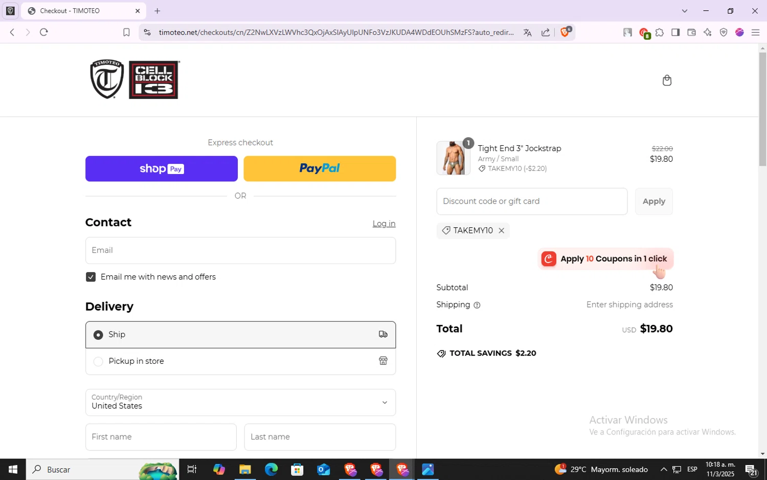 Timoteo promo code screenshot showing code TAKEMY10 applied at Timoteo checkout page. Uploaded by SimplyCodes community member VoucherSpotter6910 on Mar 11, 2025