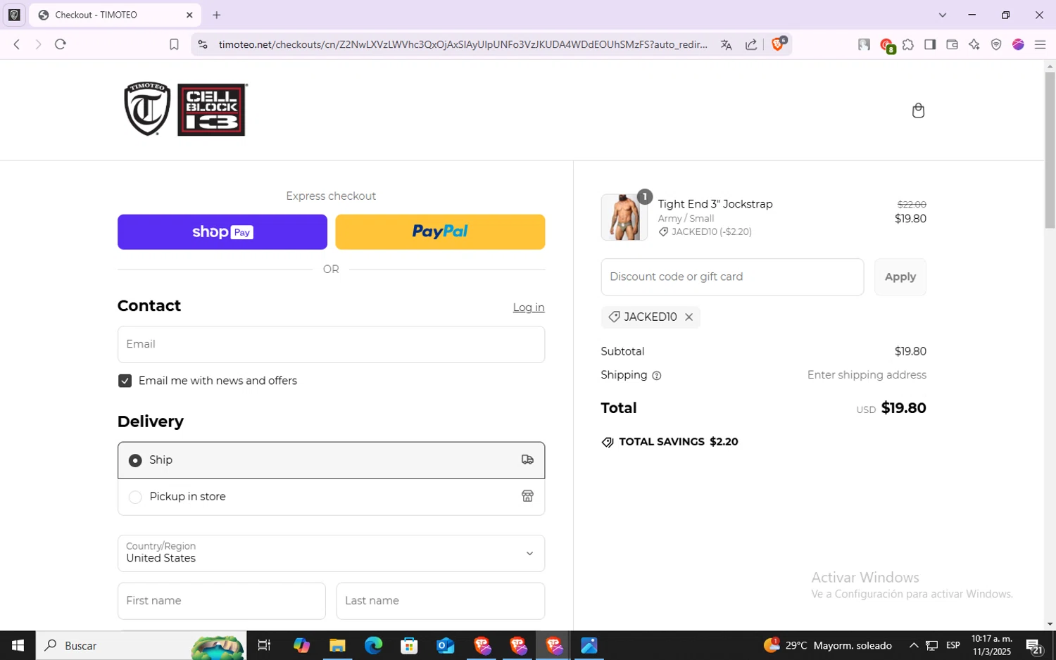 Timoteo promo code screenshot showing code JACKED10 applied at Timoteo checkout page. Uploaded by SimplyCodes community member VoucherSpotter6910 on Mar 11, 2025
