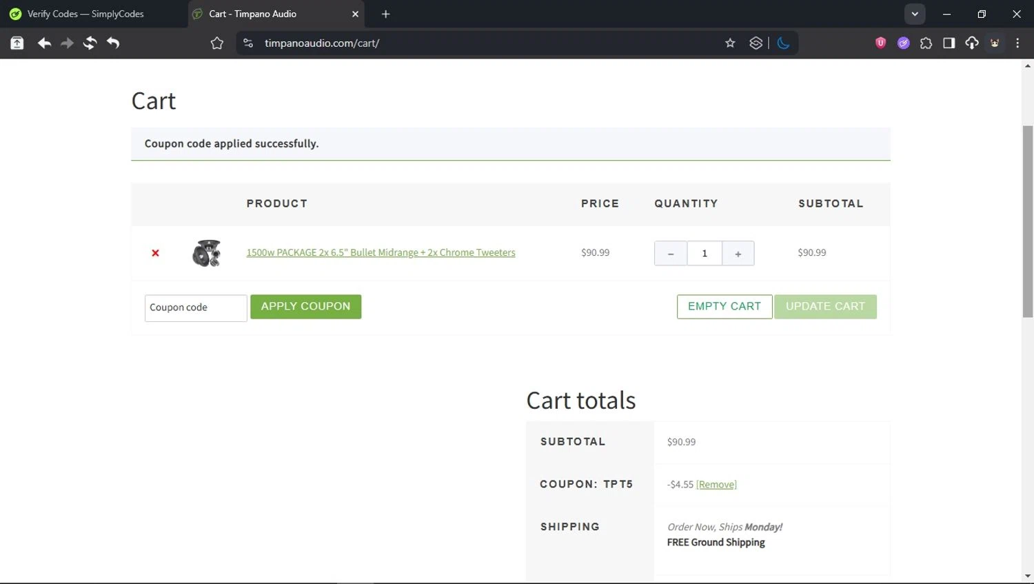 Timpano Audio coupon code screenshot showing code TPT5 applied at Timpano Audio checkout page. Uploaded by SimplyCodes community member domain on Jun 15, 2025
