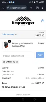 Timpanogos Hiking Co coupon verification screenshot