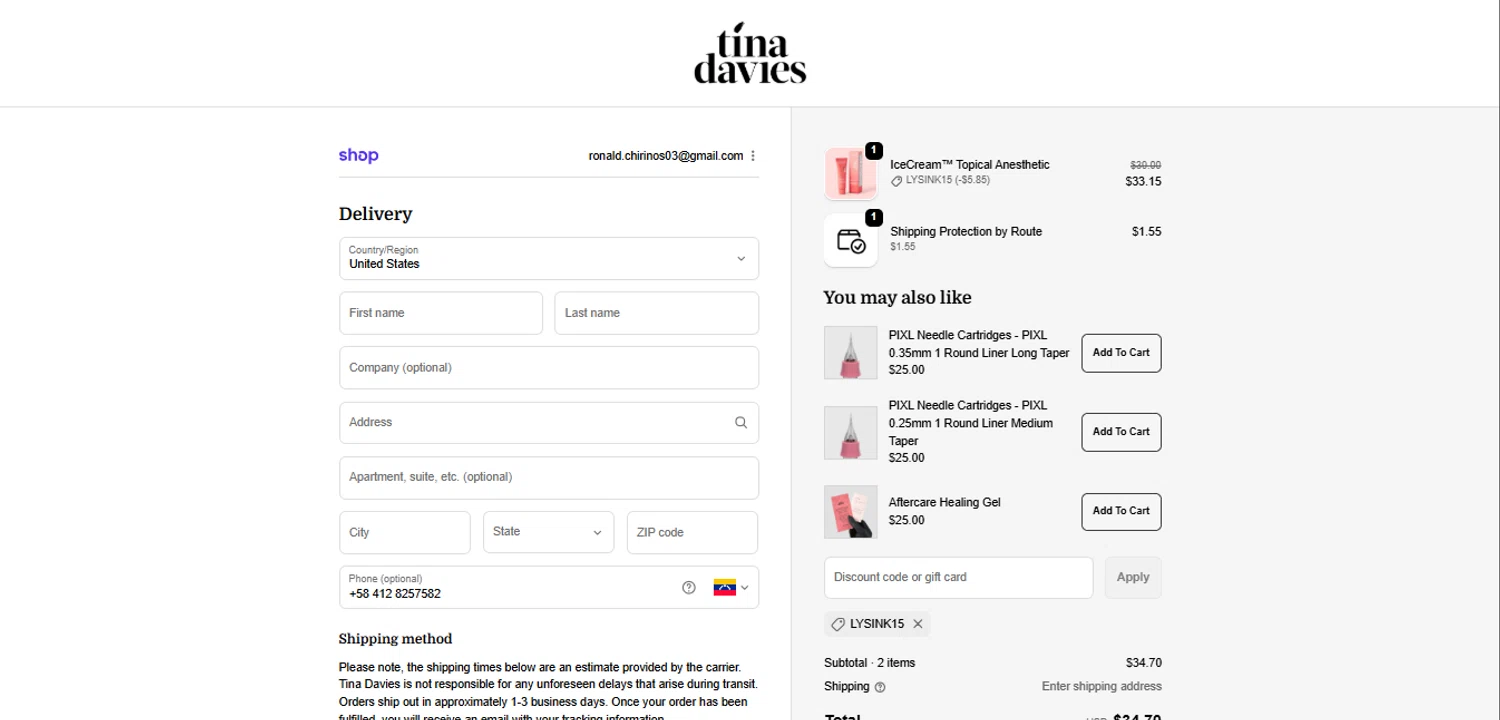 Tina Davies discount code screenshot showing code LYSINK15 applied at Tina Davies checkout page. Uploaded by SimplyCodes community member BonusCollector7885 on Oct 26, 2025
