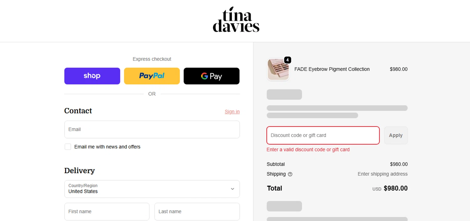 Tina Davies discount code screenshot showing code LYSINK15 applied at Tina Davies checkout page. Uploaded by SimplyCodes community member CashAce9852 on Oct 31, 2025