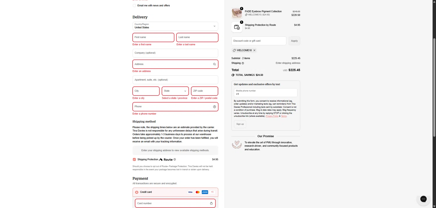 Tina Davies discount code screenshot showing code WELCOME10 applied at Tina Davies checkout page. Uploaded by SimplyCodes community member TreasureBoss2211 on Dec 10, 2025