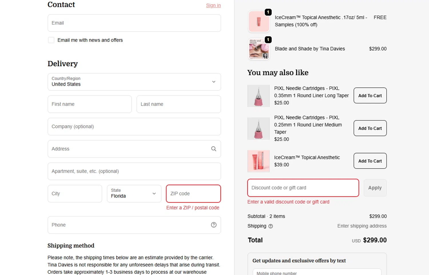 Tina Davies discount code screenshot showing code SAVE10 applied at Tina Davies checkout page. Uploaded by SimplyCodes community member joandgray9 on Oct 31, 2025
