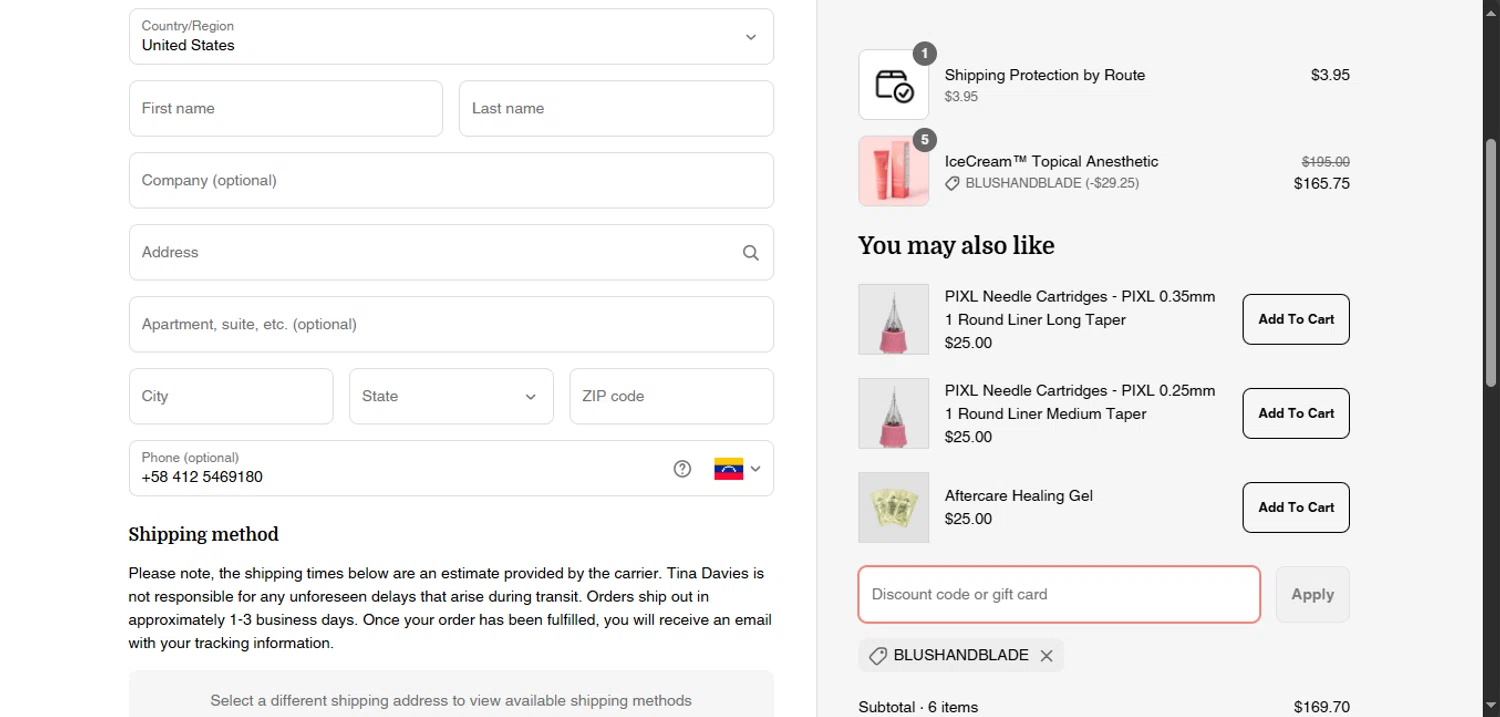 Tina Davies discount code screenshot showing code BLUSHANDBLADE applied at Tina Davies checkout page. Uploaded by SimplyCodes community member PANDITA on Mar 22, 2025