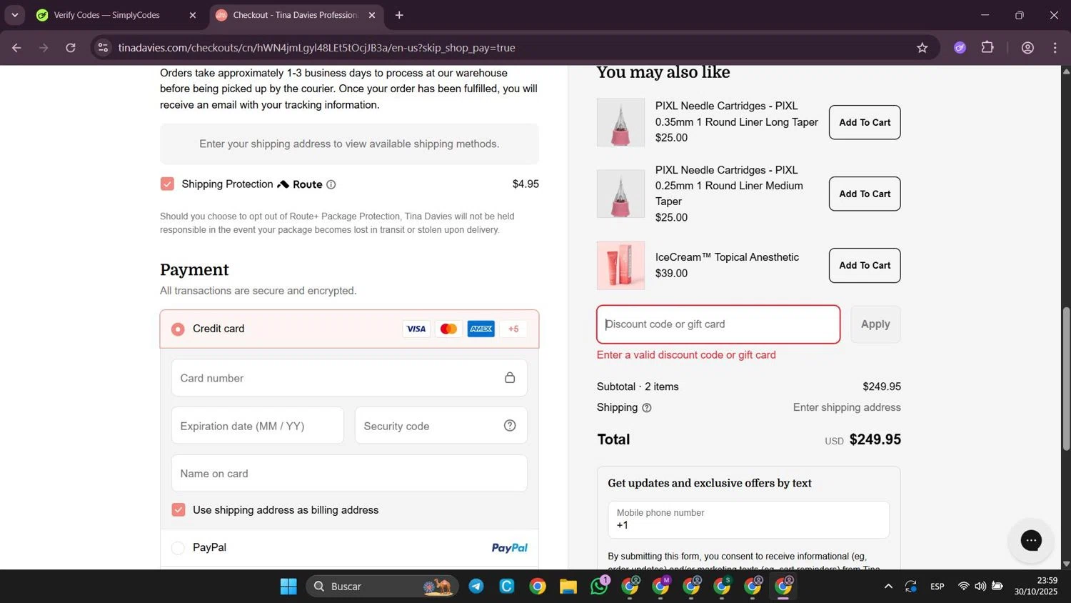 Tina Davies discount code screenshot showing code BLUSHANDBLADE applied at Tina Davies checkout page. Uploaded by SimplyCodes community member SilverWhiz4145 on Oct 31, 2025