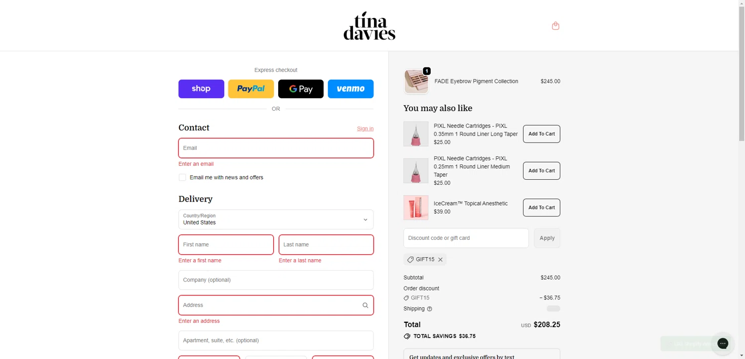 Tina Davies checkout page showing Tina Davies discount code box | Screenshot taken by SimplyCodes community member on Feb 10, 2026