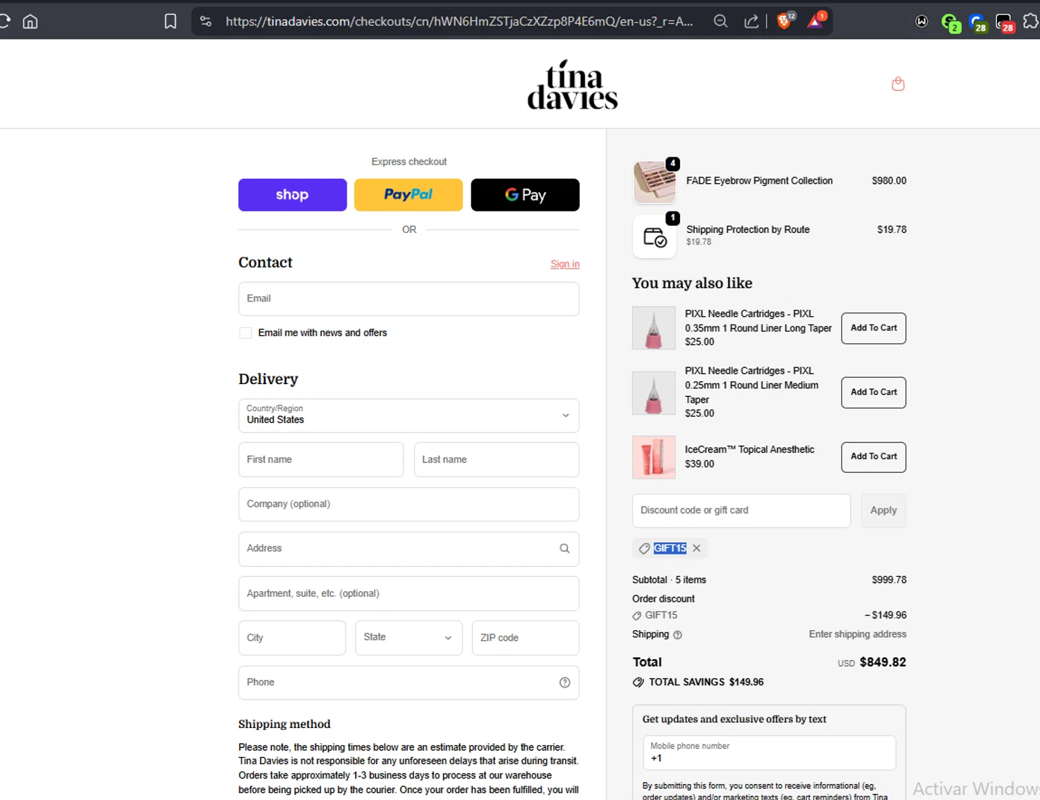 Tina Davies discount code screenshot showing code GIFT15 applied at Tina Davies checkout page. Uploaded by SimplyCodes community member Jmhernand1 on Dec 11, 2025