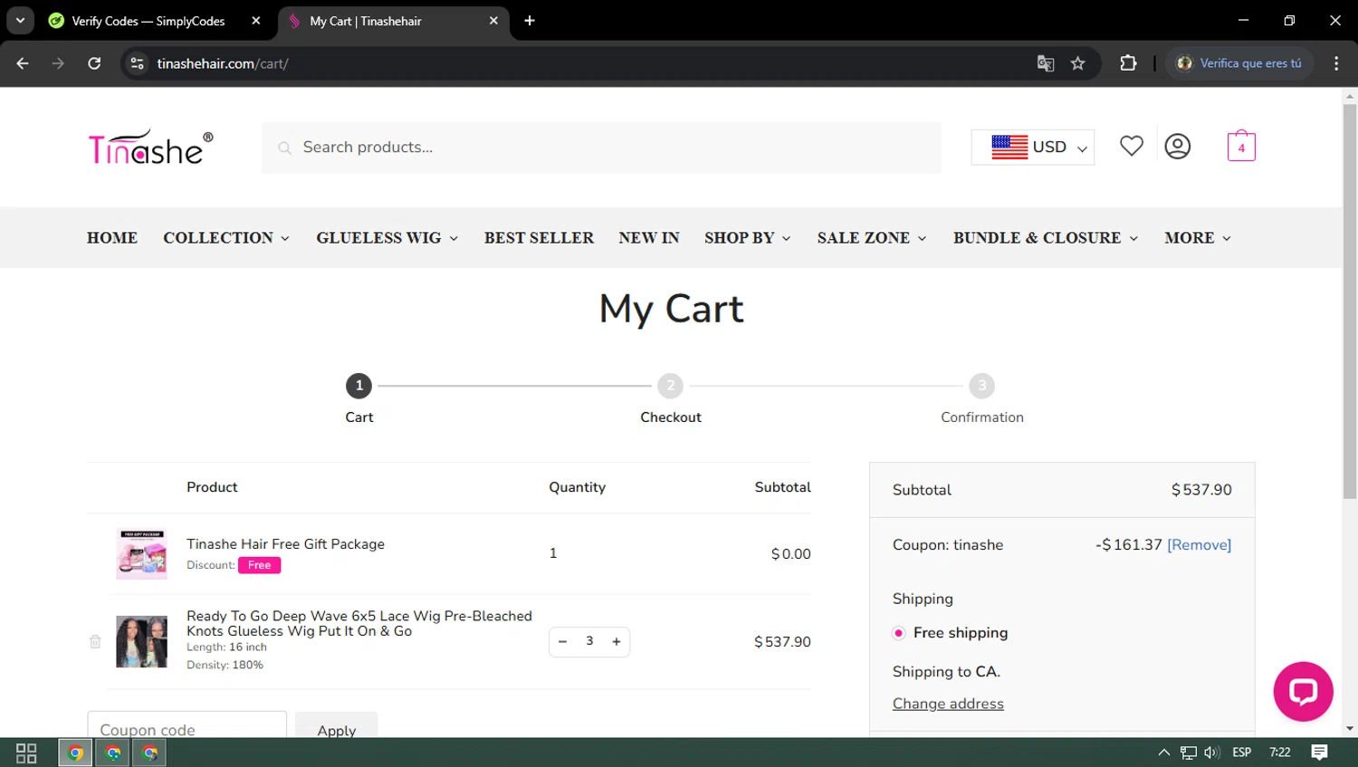 Tinashehair promo code screenshot showing code TINASHE applied at Tinashehair checkout page. Uploaded by SimplyCodes community member ELVERDEDESAMP on Feb 9, 2025