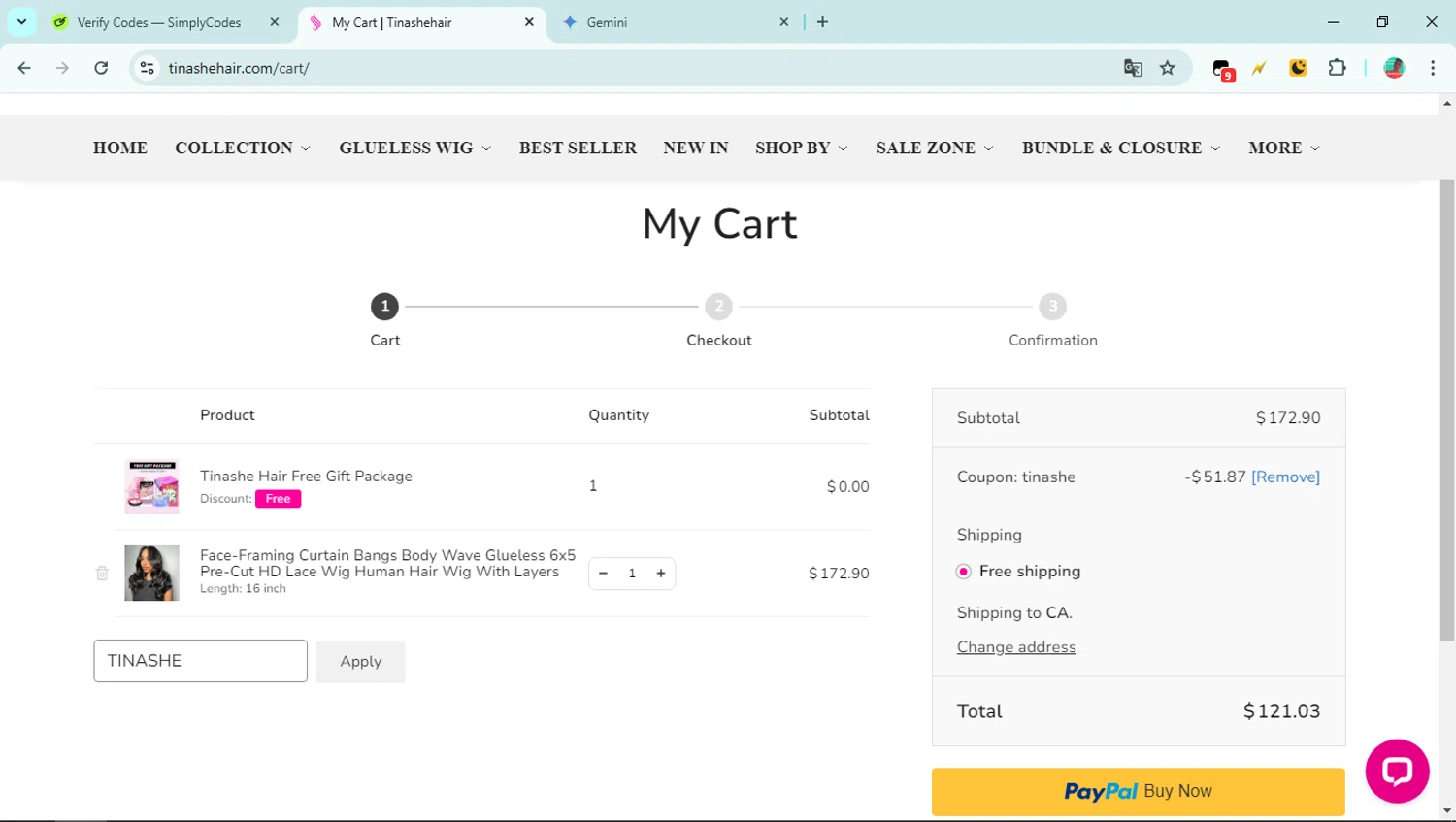 Tinashehair promo code screenshot showing code TINASHE applied at Tinashehair checkout page. Uploaded by SimplyCodes community member six_eyes on Feb 9, 2025