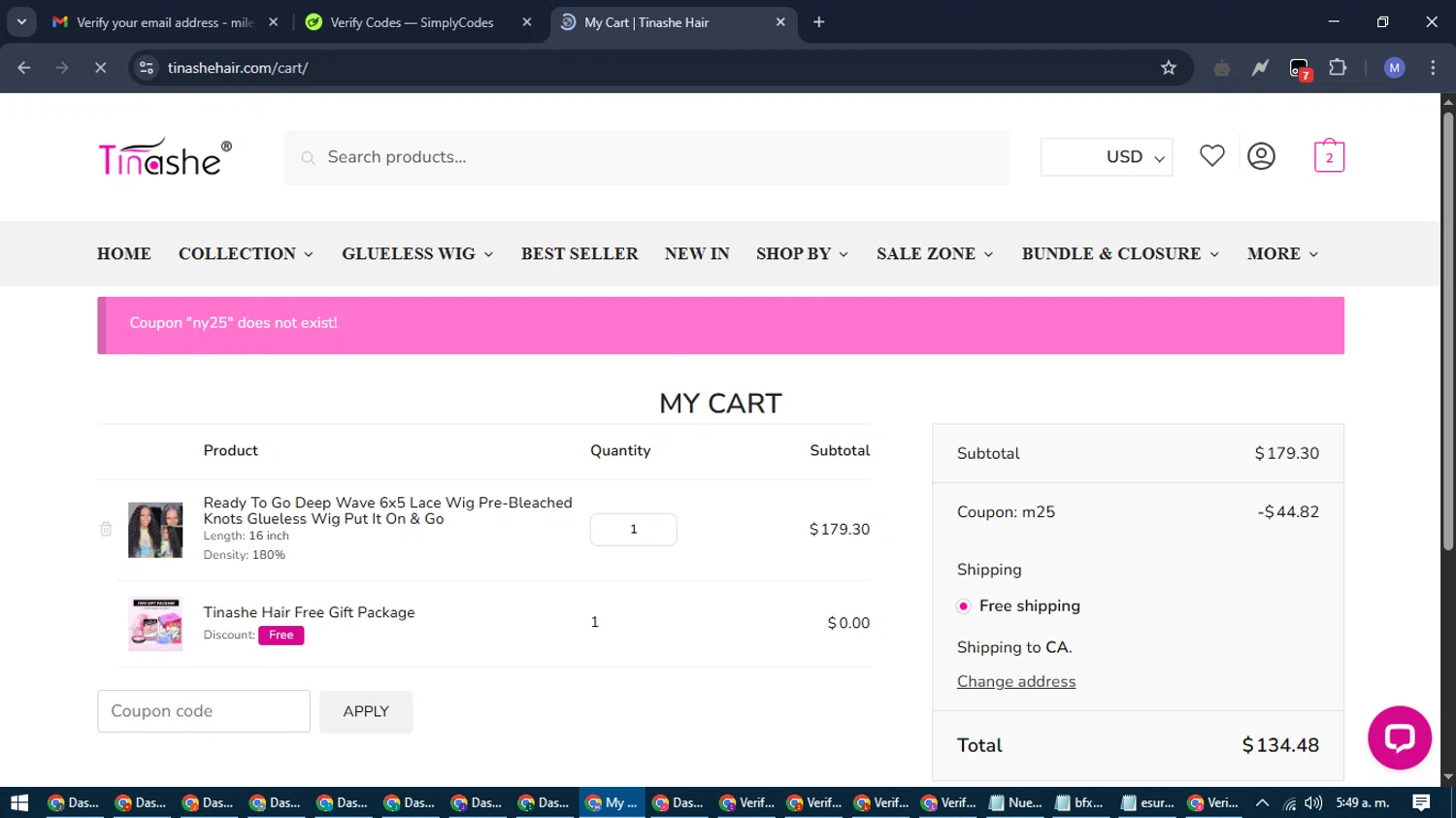 Tinashehair promo code screenshot showing code NY25 applied at Tinashehair checkout page. Uploaded by SimplyCodes community member PrimeFox5260 on Apr 28, 2025
