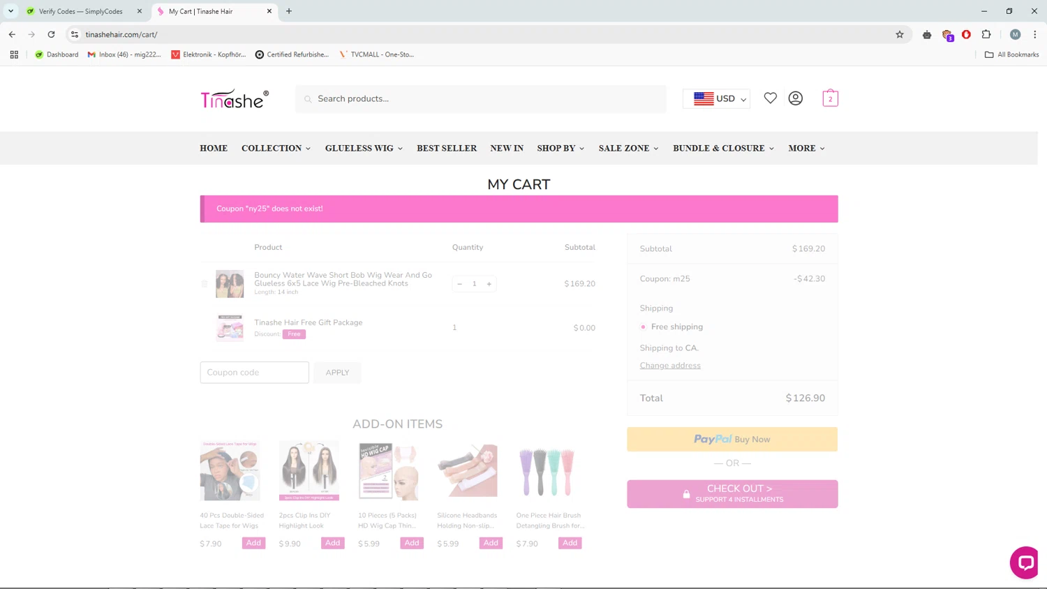 Tinashehair promo code screenshot showing code NY25 applied at Tinashehair checkout page. Uploaded by SimplyCodes community member QuestLegend8027 on Apr 28, 2025