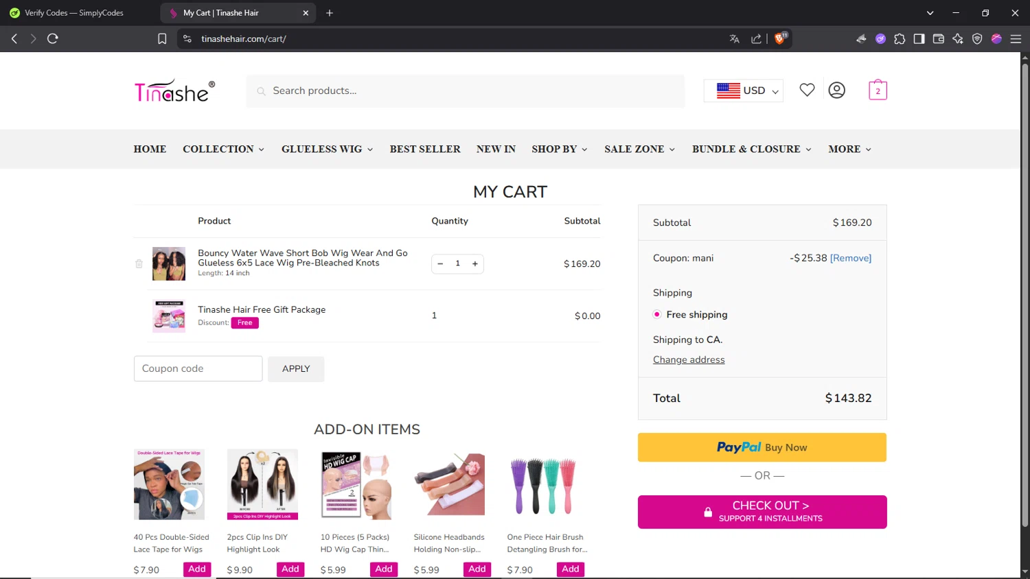 Tinashehair promo code screenshot showing code MANI applied at Tinashehair checkout page. Uploaded by SimplyCodes community member Morrachida04 on Jun 23, 2025