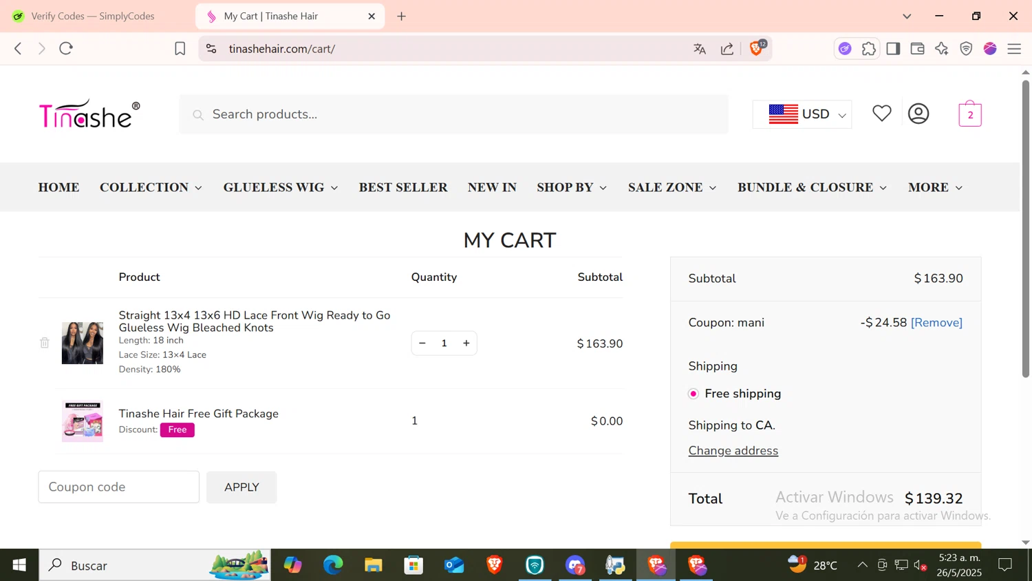Tinashehair promo code screenshot showing code MANI applied at Tinashehair checkout page. Uploaded by SimplyCodes community member CODMOBILE1 on May 26, 2025