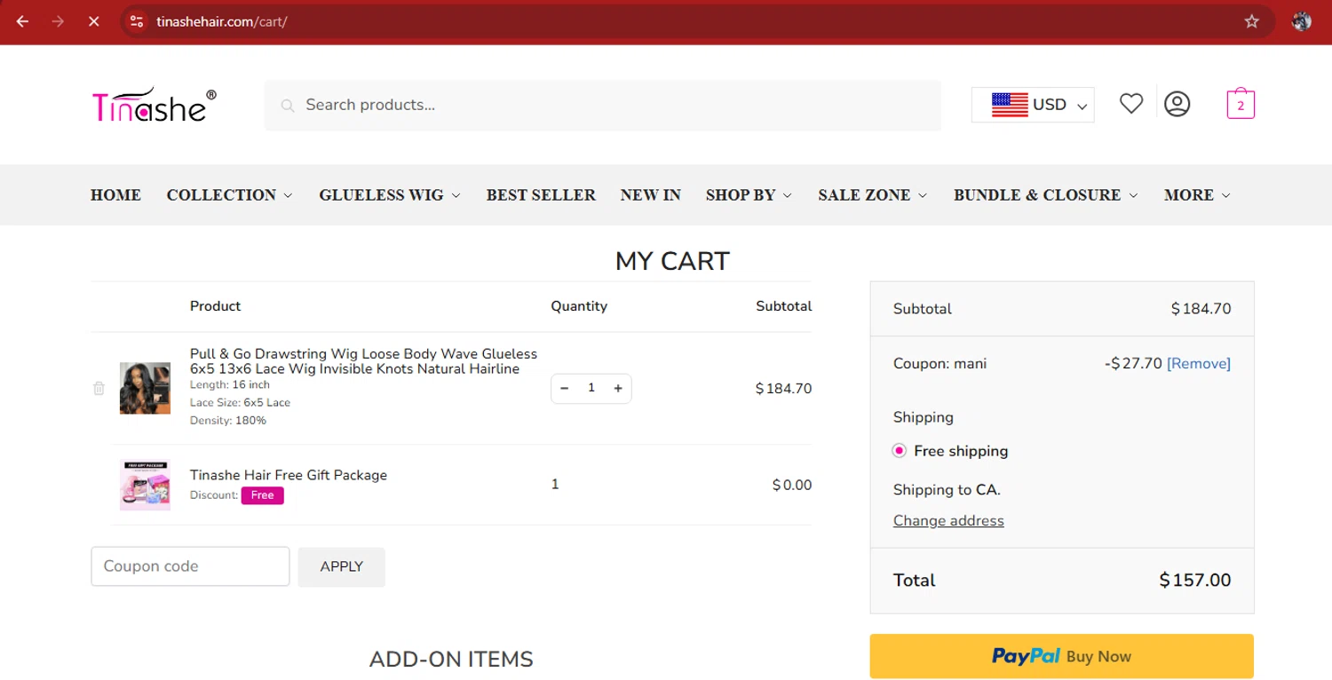 Tinashehair promo code screenshot showing code MANI applied at Tinashehair checkout page. Uploaded by SimplyCodes community member kimberlinmartinez on May 19, 2025