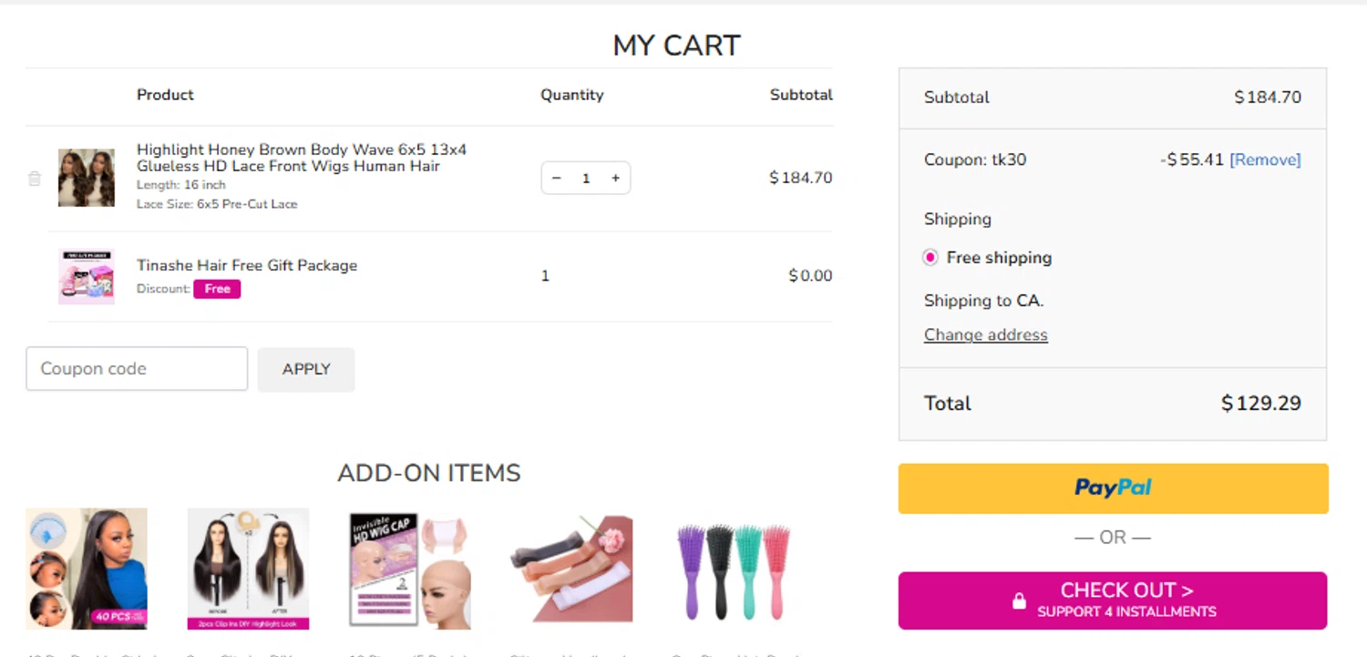 Tinashehair promo code screenshot showing code TK30 applied at Tinashehair checkout page. Uploaded by SimplyCodes community member tumdre on Sep 19, 2025