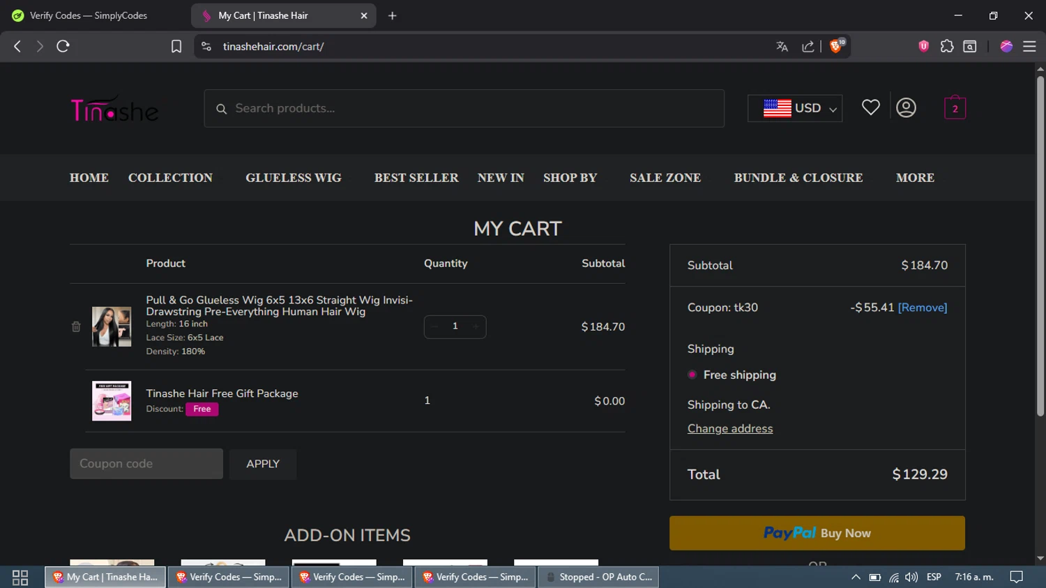 Tinashehair promo code screenshot showing code TK30 applied at Tinashehair checkout page. Uploaded by SimplyCodes community member Samira on Oct 18, 2025