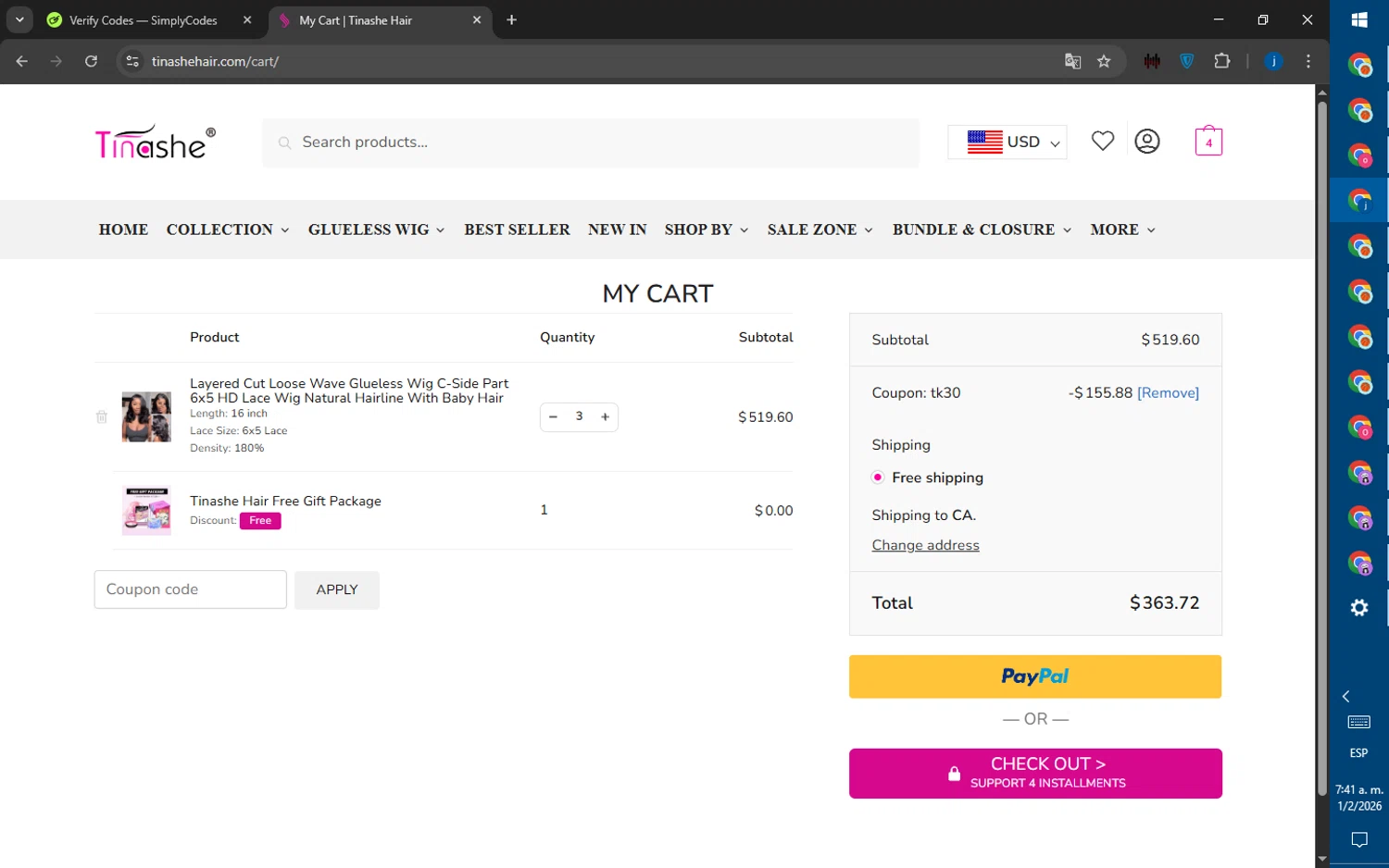 Tinashehair checkout page showing Tinashehair promo code box | Screenshot taken by SimplyCodes community member on Feb 1, 2026