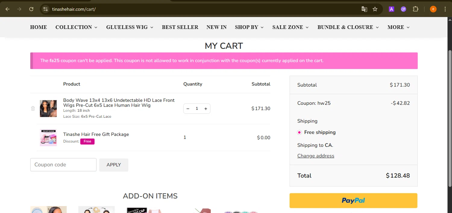 Tinashehair checkout page showing Tinashehair promo code box | Screenshot taken by SimplyCodes community member on Nov 1, 2025