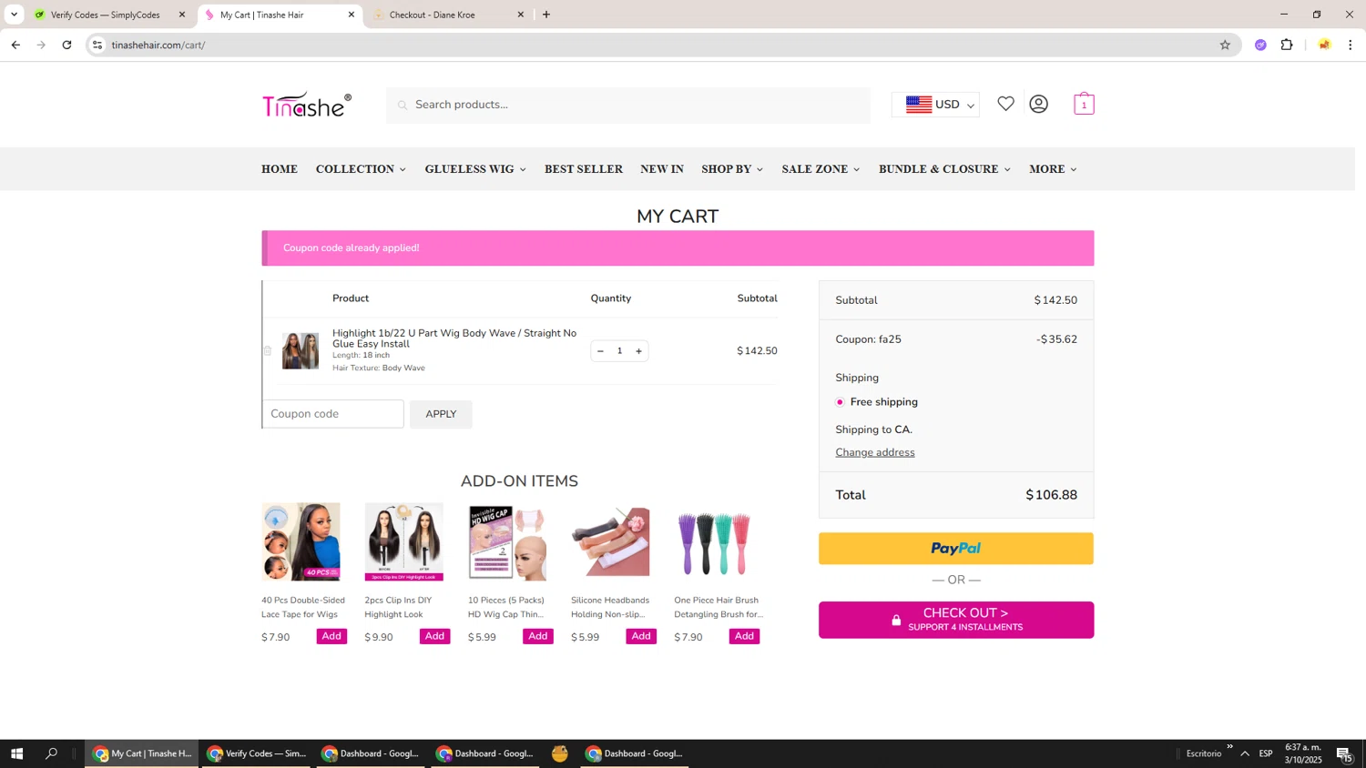 Tinashehair checkout page showing Tinashehair promo code box | Screenshot taken by SimplyCodes community member on Oct 3, 2025