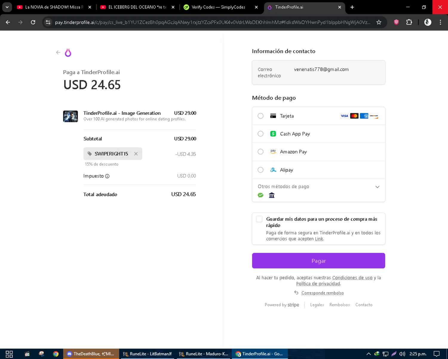 TinderProfile.AI promo code screenshot showing code SWIPERIGHT15 applied at TinderProfile.AI checkout page. Uploaded by SimplyCodes community member CleverSentinel9441 on Sep 16, 2025