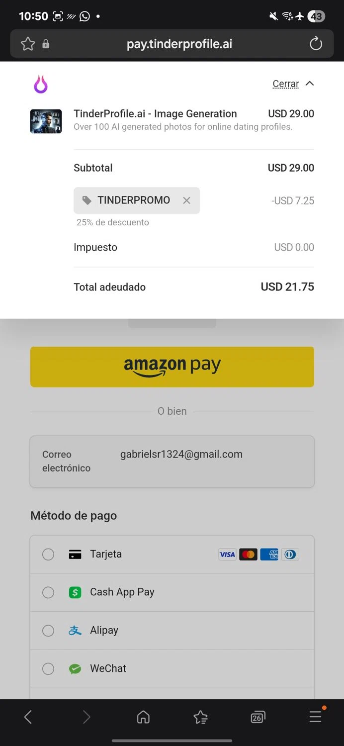 TinderProfile.AI promo code screenshot showing code TINDERPROMO applied at TinderProfile.AI checkout page. Uploaded by SimplyCodes community member Carbon132 on Oct 6, 2025
