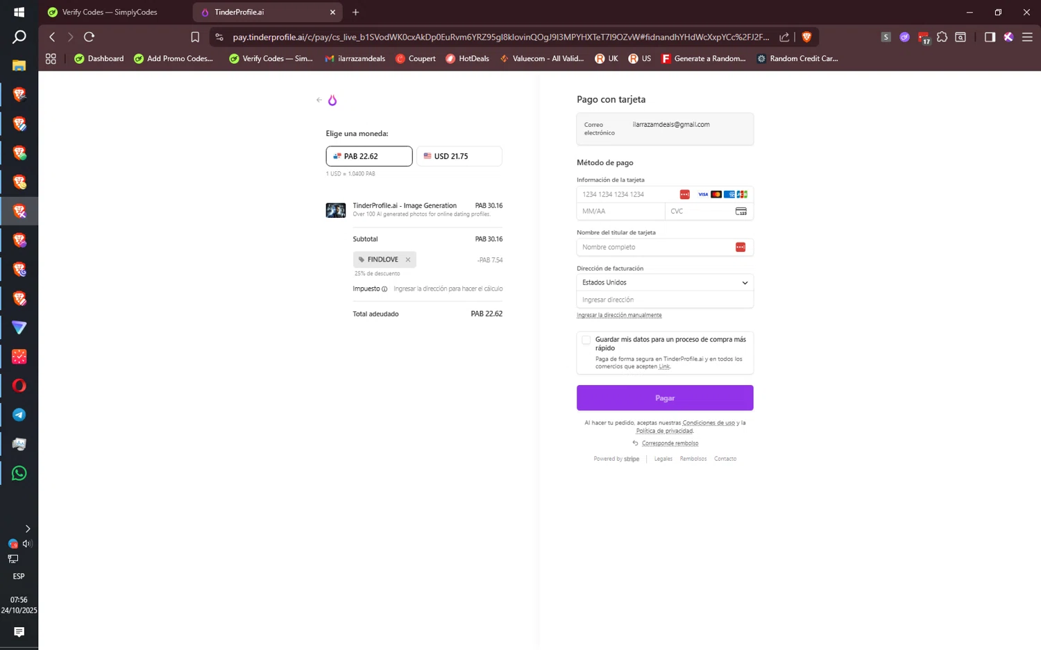 TinderProfile.AI promo code screenshot showing code FINDLOVE applied at TinderProfile.AI checkout page. Uploaded by SimplyCodes community member CoreSeeker9184 on Oct 24, 2025
