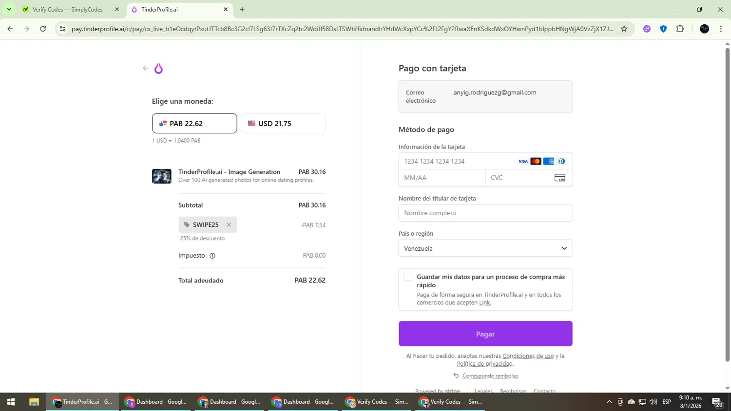 TinderProfile.AI promo code screenshot showing code SWIPE25 applied at TinderProfile.AI checkout page. Uploaded by SimplyCodes community member CarmenVGR on Jan 8, 2026