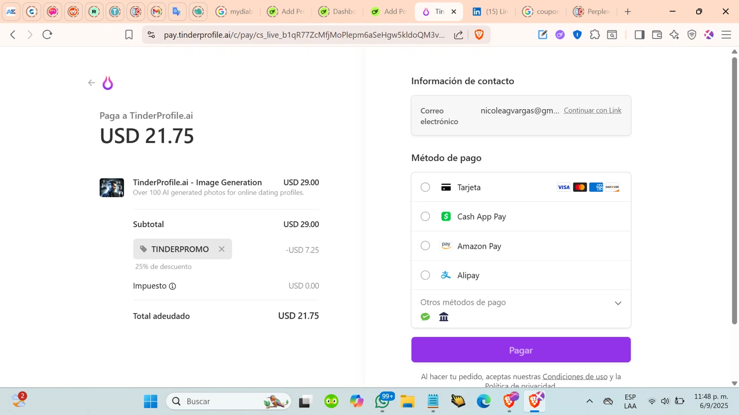 TinderProfile.AI promo code screenshot showing code TINDERPROMO applied at TinderProfile.AI checkout page. Uploaded by SimplyCodes community member cosita on Sep 7, 2025