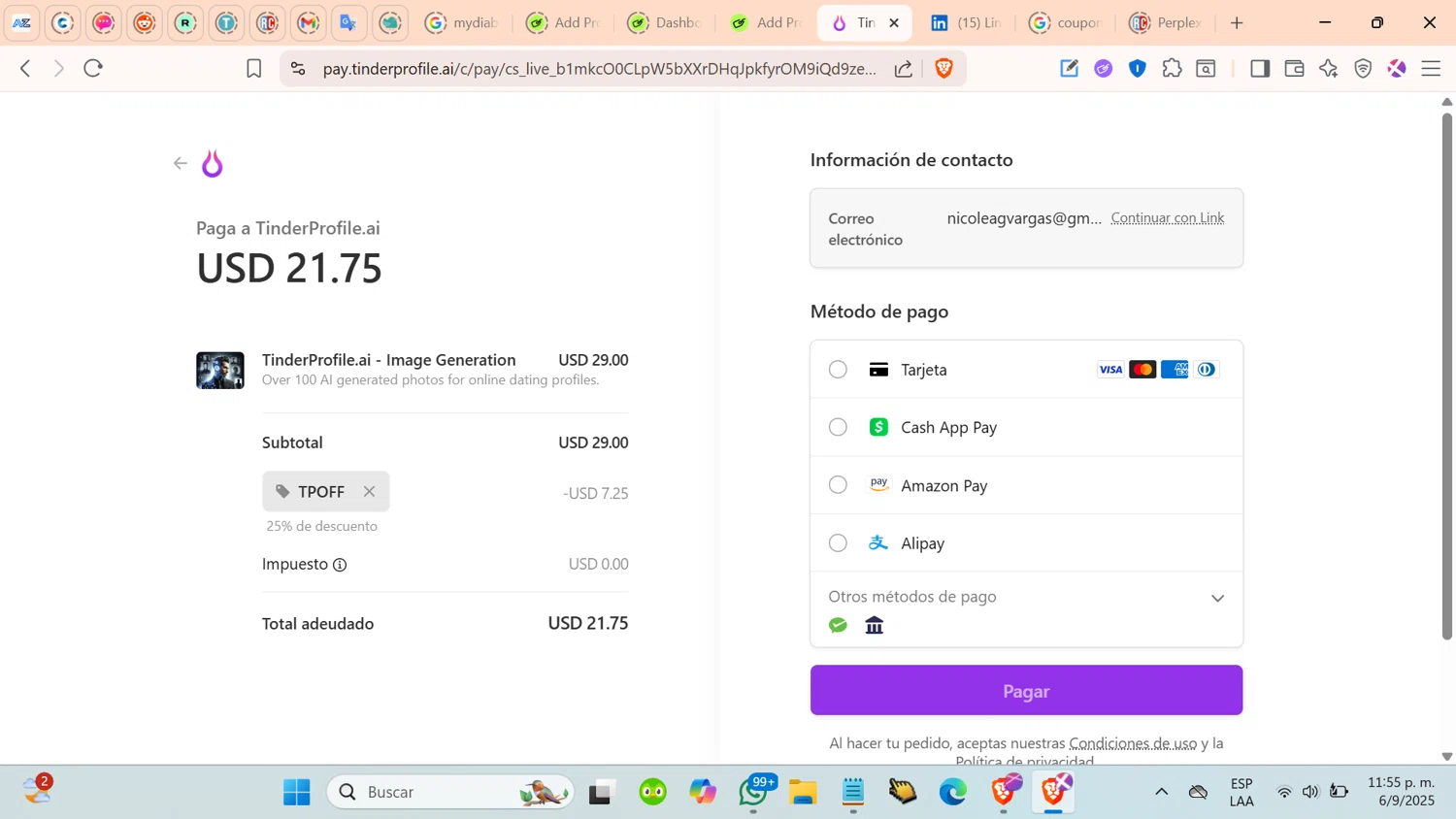 TinderProfile.AI promo code screenshot showing code TPOFF applied at TinderProfile.AI checkout page. Uploaded by SimplyCodes community member cosita on Sep 7, 2025