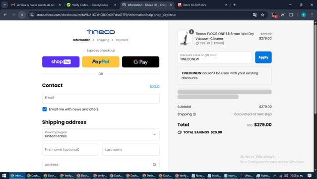 Tineco US checkout page showing Tineco US promo code box | Screenshot taken by SimplyCodes community member on Aug 20, 2025