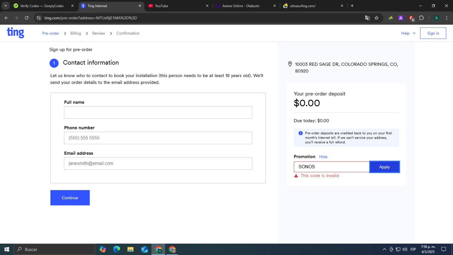 Ting coupon code screenshot showing code SONOS applied at Ting checkout page. Uploaded by SimplyCodes community member tonikros on Mar 4, 2025