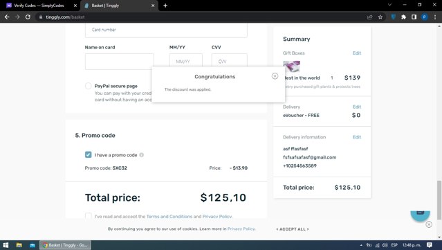 Tinggly checkout page showing Tinggly discount code box | Screenshot taken by SimplyCodes community member on Jun 17, 2023